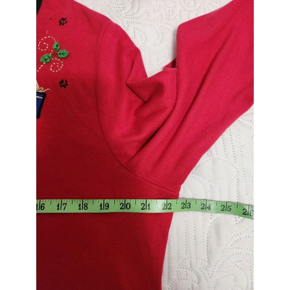 Bon Worth Womens HOLIDAY Knit Top Small Red Knit party CATS Appliqués Beaded
